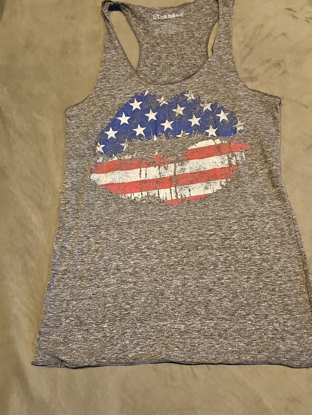 Stranded Gray Tank with Distressed American Flag Lips
